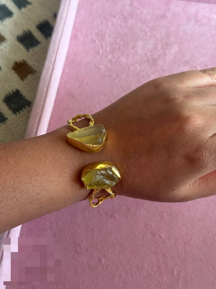 Raw Stone Cuff Bracelet, Gold Polish Brass, Adjustable