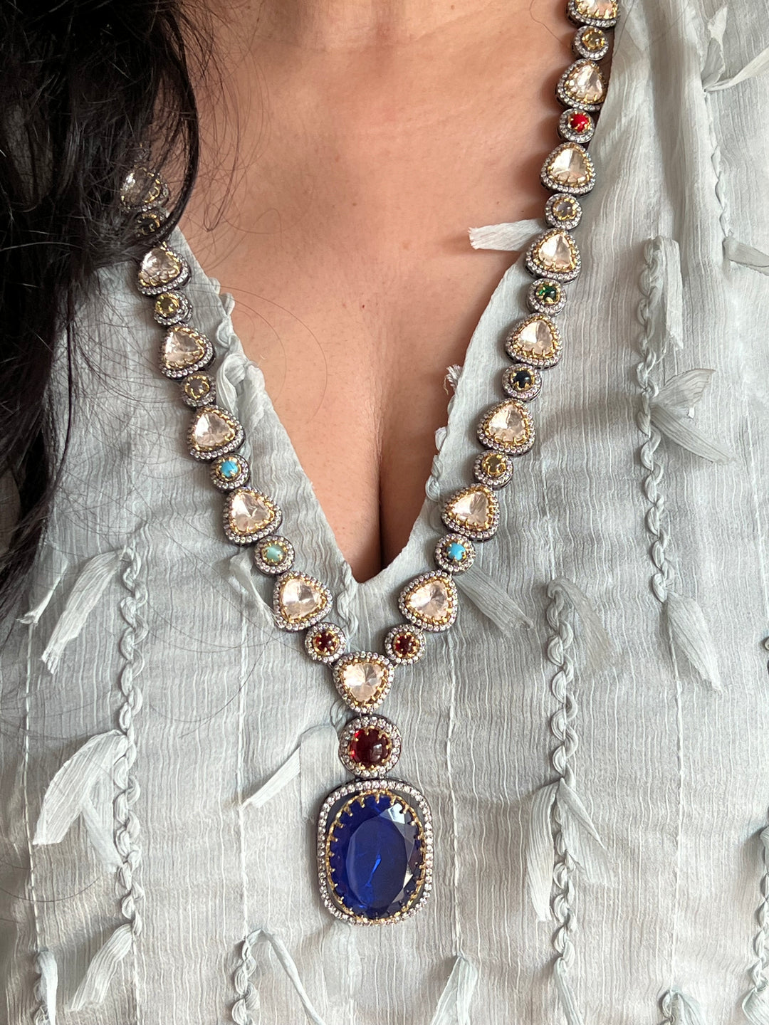 Doublet Stone Pendant Kundan Necklace Set - A Masterpiece of Elegance