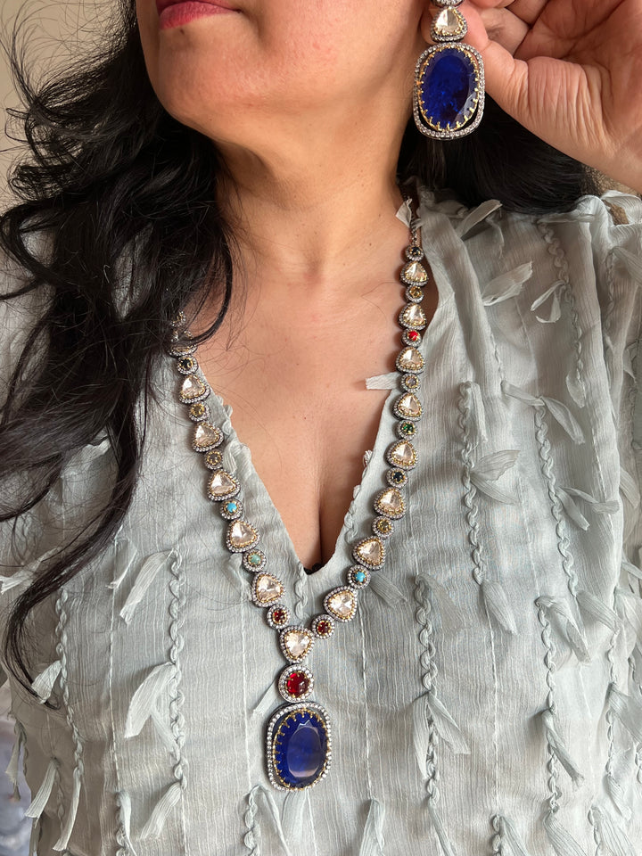 Doublet Stone Pendant Kundan Necklace Set - A Masterpiece of Elegance