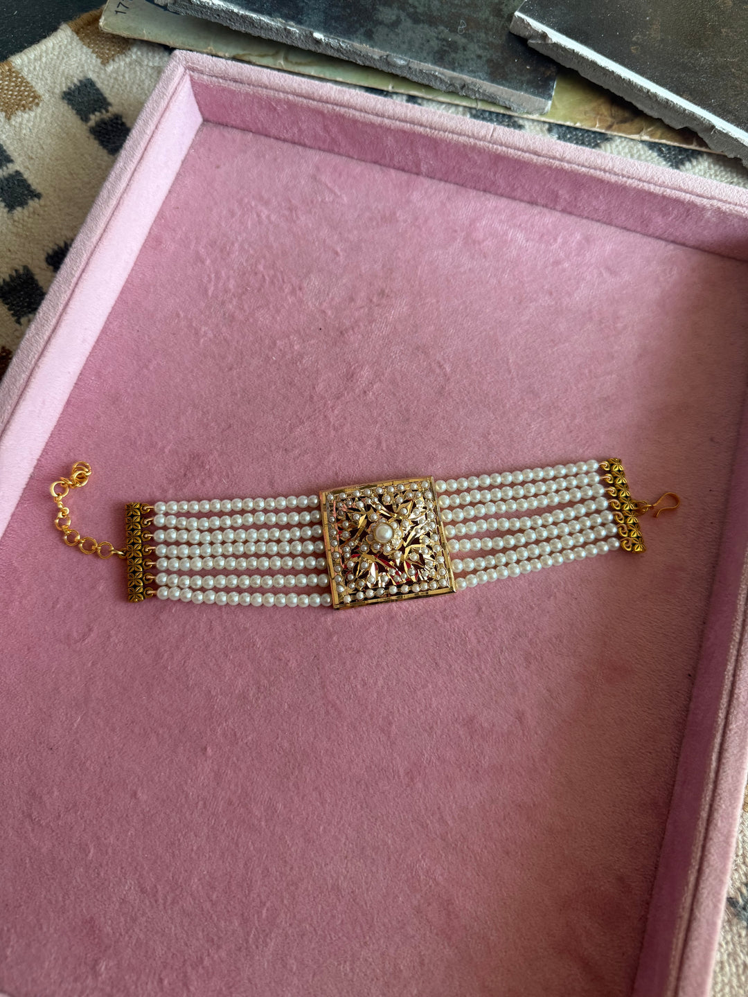 SHIVKA Jadau Pearl Bracelet | Gold Polish Brass | Adjustable Hook | Statement Festive Wear | 50g