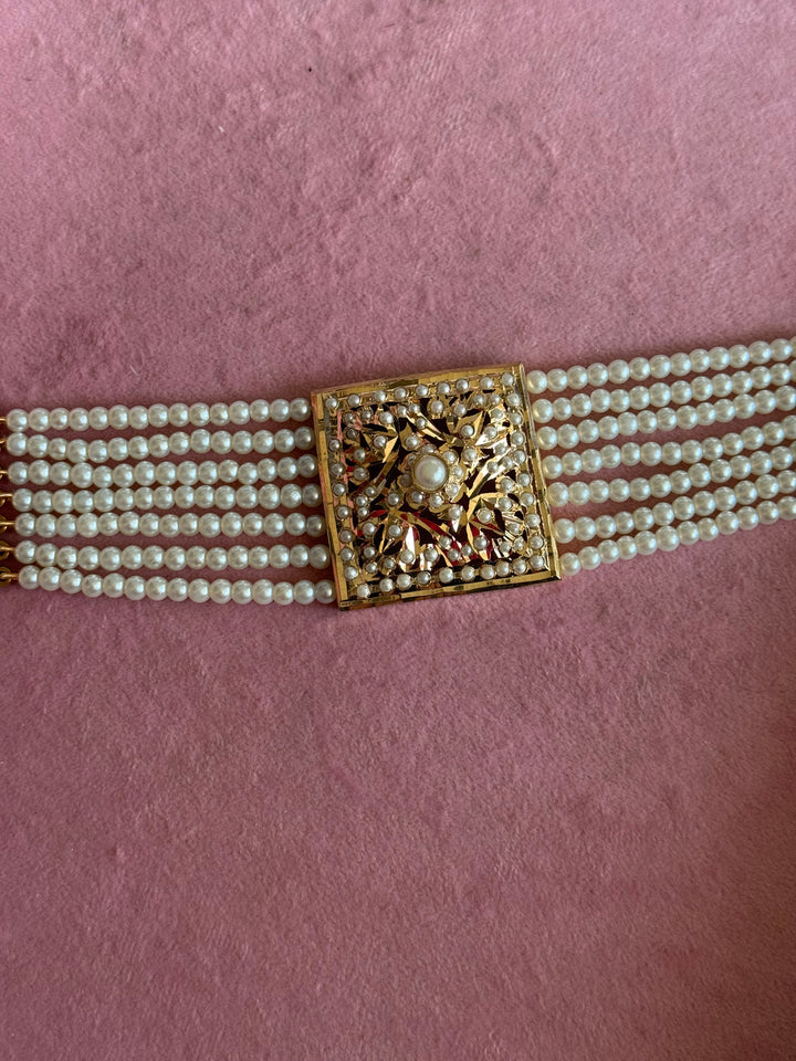 SHIVKA Jadau Pearl Bracelet | Gold Polish Brass | Adjustable Hook | Statement Festive Wear | 50g