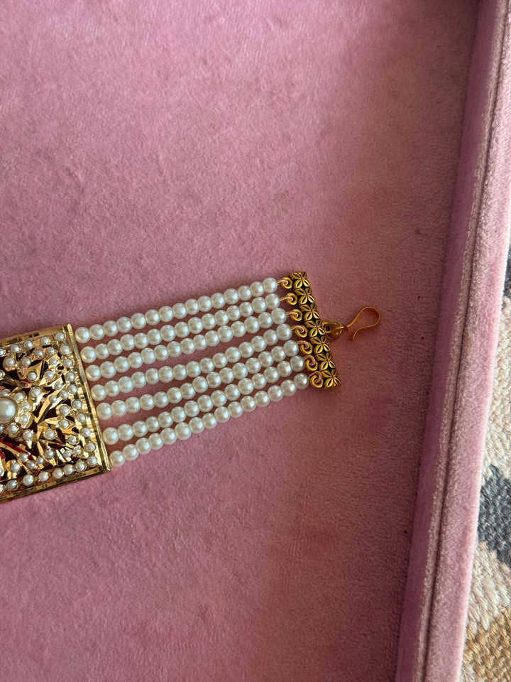 SHIVKA Jadau Pearl Bracelet | Gold Polish Brass | Adjustable Hook | Statement Festive Wear | 50g