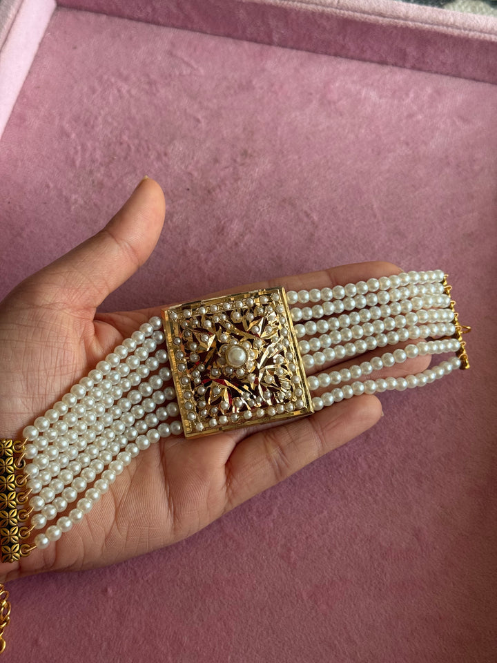 SHIVKA Jadau Pearl Bracelet | Gold Polish Brass | Adjustable Hook | Statement Festive Wear | 50g