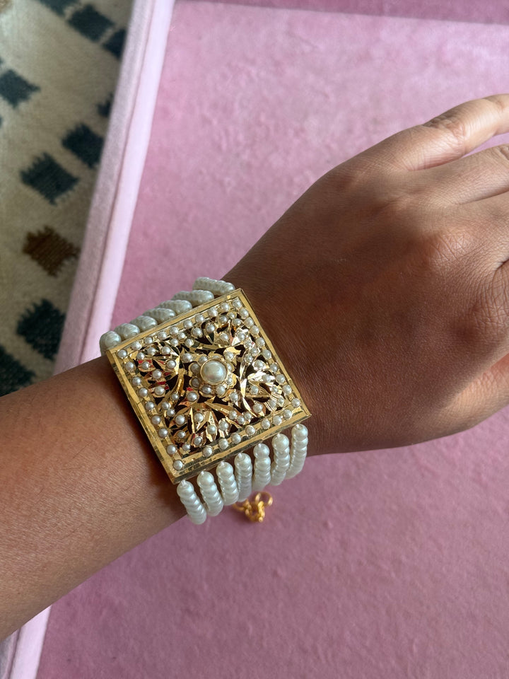 SHIVKA Jadau Pearl Bracelet | Gold Polish Brass | Adjustable Hook | Statement Festive Wear | 50g