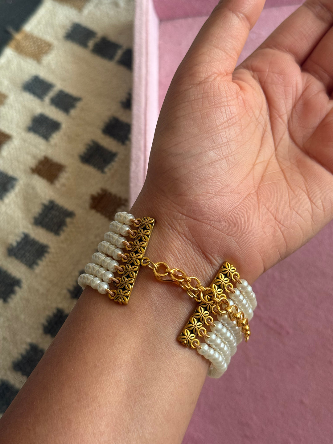 SHIVKA Jadau Pearl Bracelet | Gold Polish Brass | Adjustable Hook | Statement Festive Wear | 50g