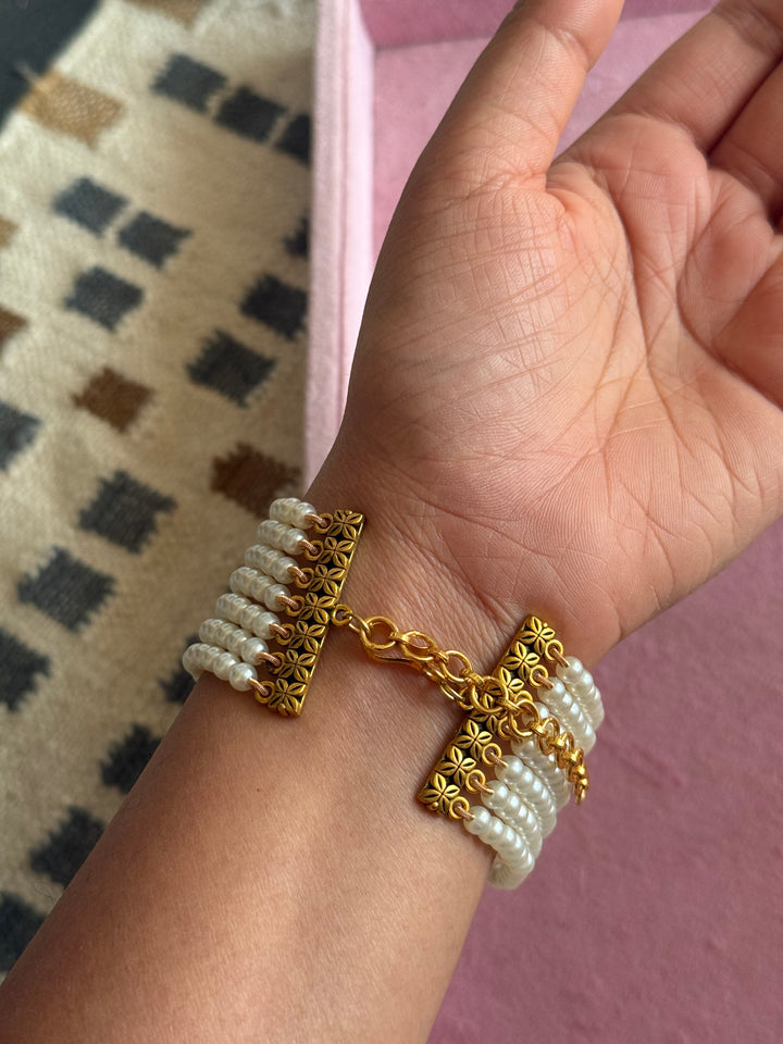 SHIVKA Jadau Pearl Bracelet | Gold Polish Brass | Adjustable Hook | Statement Festive Wear | 50g