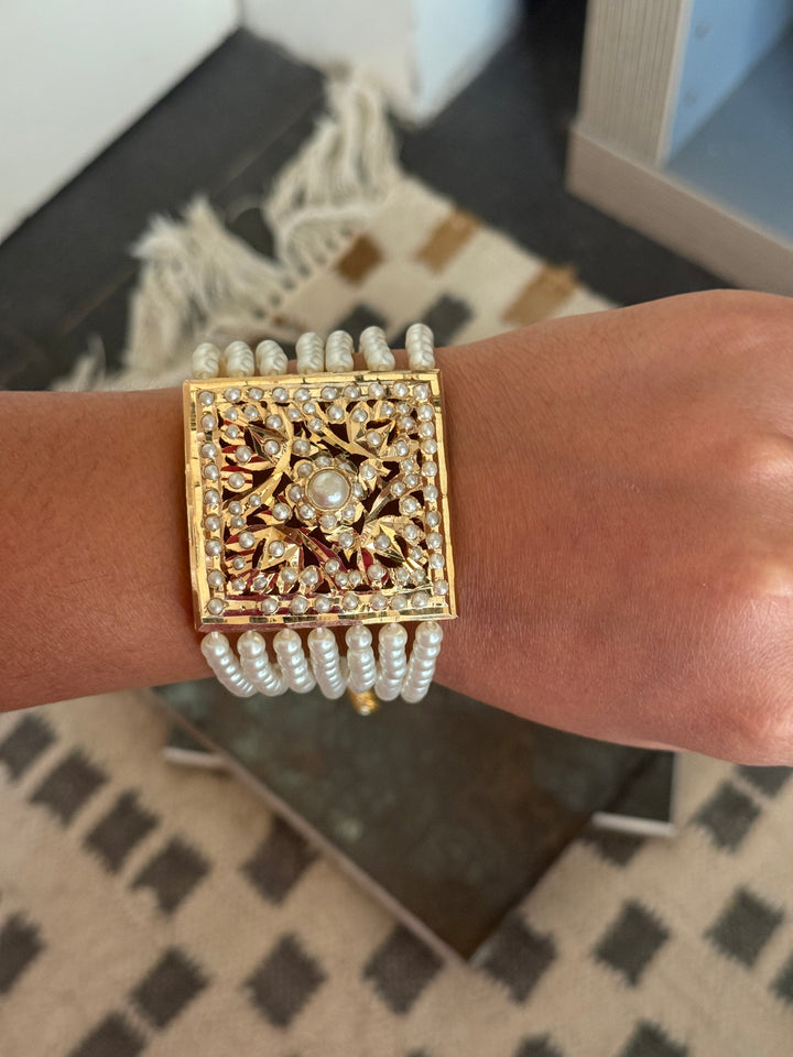 SHIVKA Jadau Pearl Bracelet | Gold Polish Brass | Adjustable Hook | Statement Festive Wear | 50g
