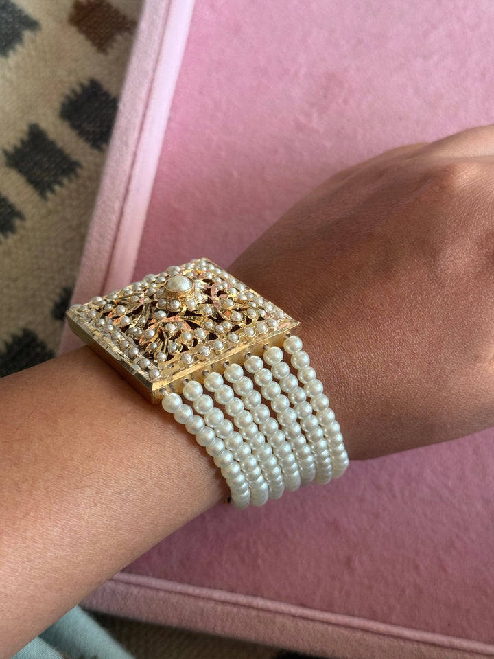 SHIVKA Jadau Pearl Bracelet | Gold Polish Brass | Adjustable Hook | Statement Festive Wear | 50g