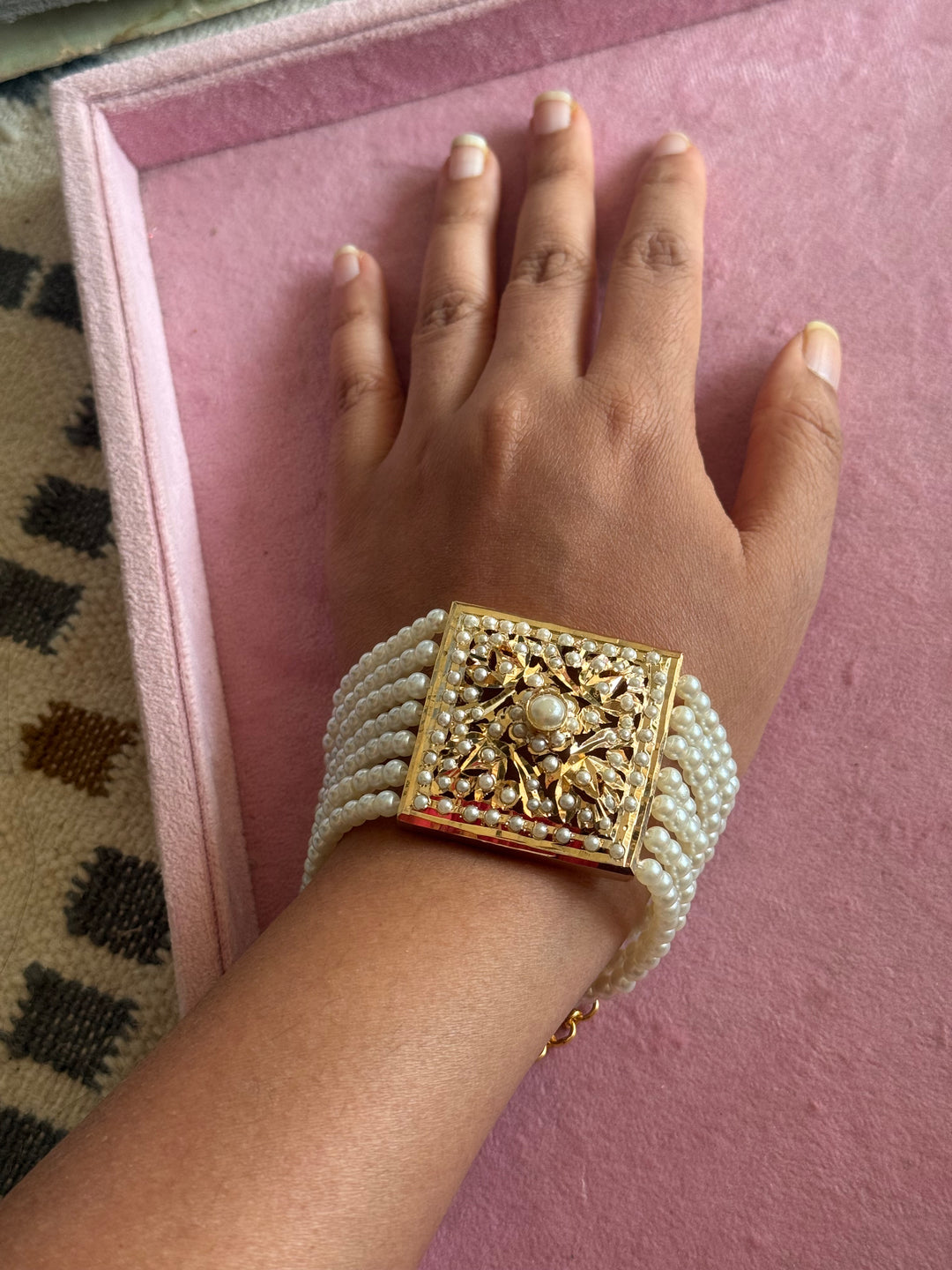SHIVKA Jadau Pearl Bracelet | Gold Polish Brass | Adjustable Hook | Statement Festive Wear | 50g