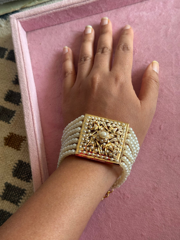 SHIVKA Jadau Pearl Bracelet | Gold Polish Brass | Adjustable Hook | Statement Festive Wear | 50g