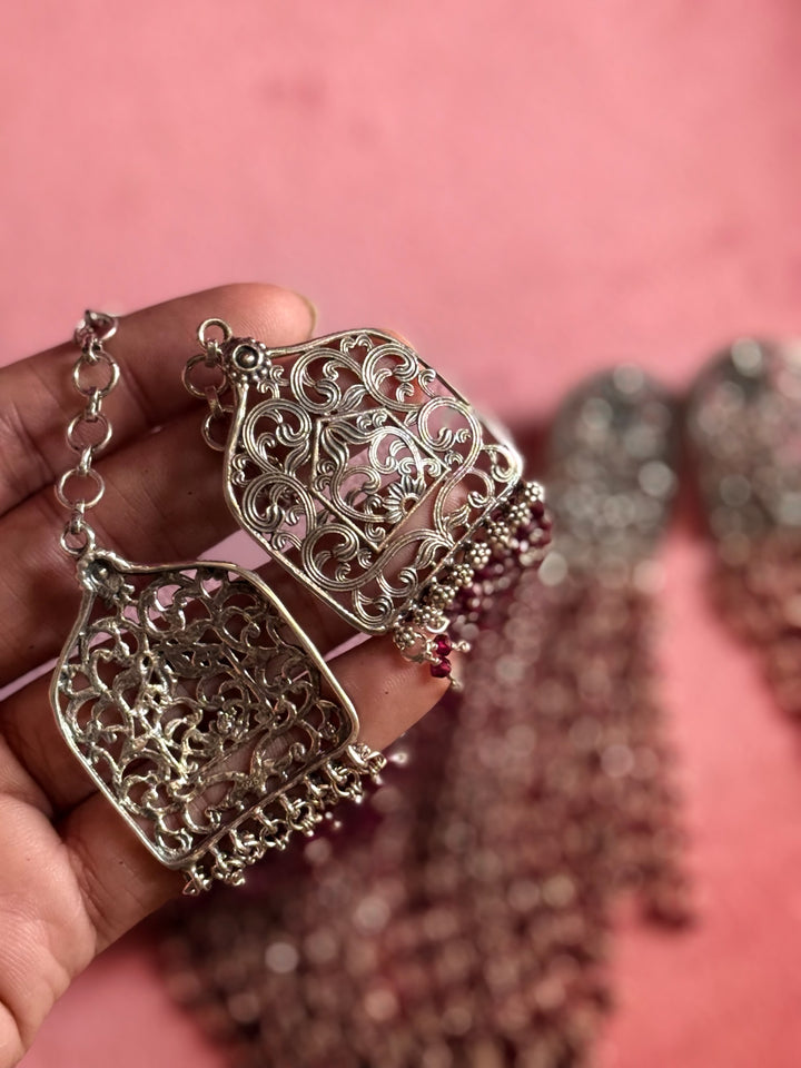 Handmade 925 Silver Red Garnet Beads Necklace Set | SHIVKA