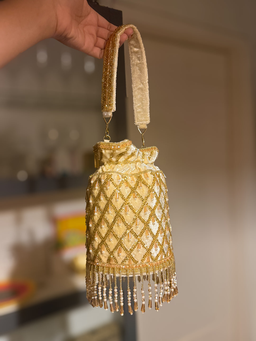 Handmade Velvet Pearl & Beaded Hand Purse | Elegant Statement Evening Clutch with Top Handle