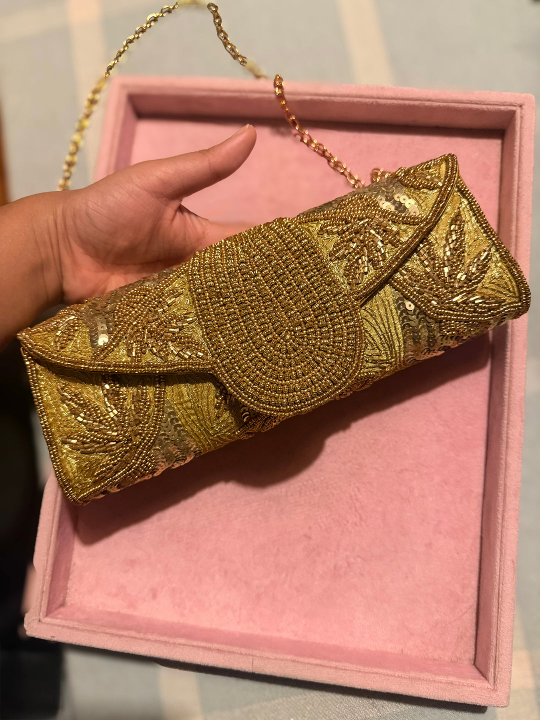 Handmade Gold Yellow Beaded Clutch & Sling Bag | Convertible Statement Purse | Detachable Chain
