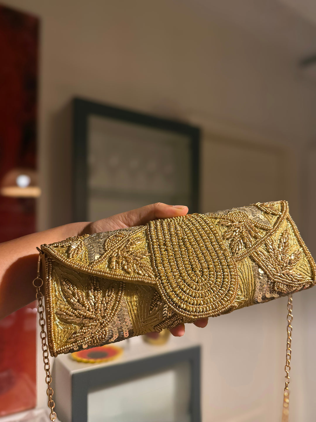 Handmade Gold Yellow Beaded Clutch & Sling Bag | Convertible Statement Purse | Detachable Chain