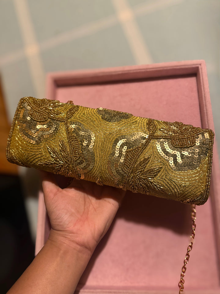 Handmade Gold Yellow Beaded Clutch & Sling Bag | Convertible Statement Purse | Detachable Chain
