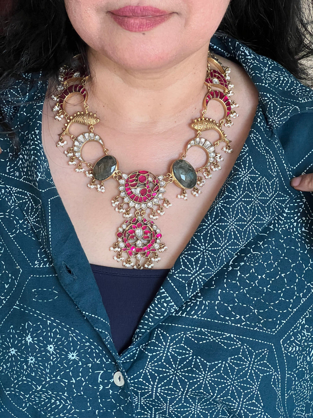 Statement Fish Design 925 Silver Necklace with Kundan Embellishments