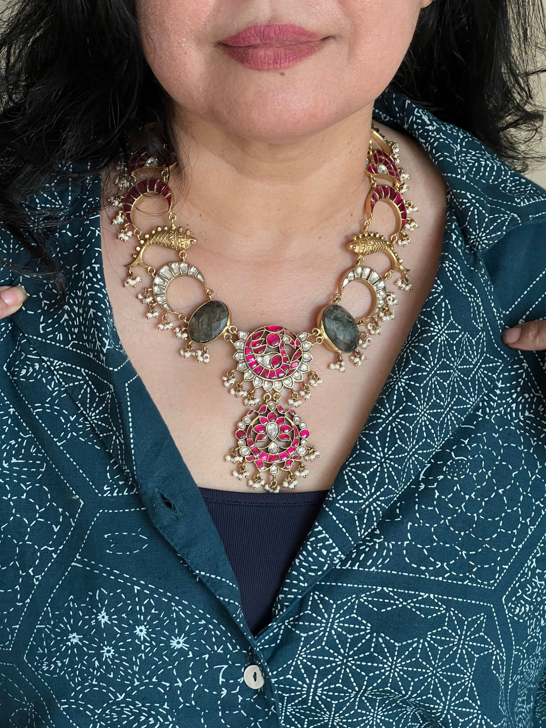 Statement Fish Design 925 Silver Necklace with Kundan Embellishments