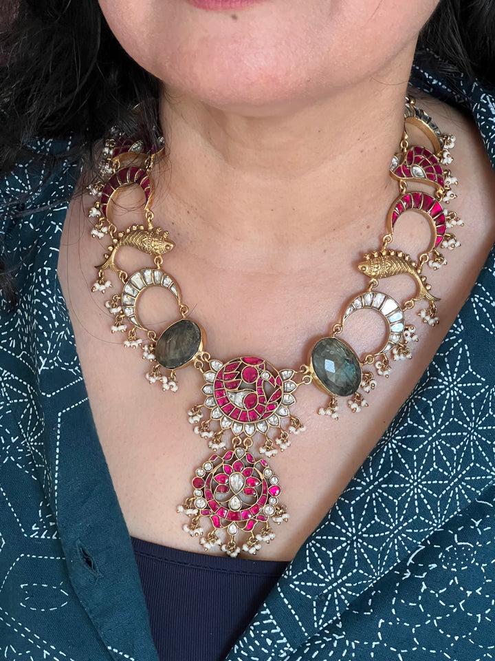 Statement Fish Design 925 Silver Necklace with Kundan Embellishments