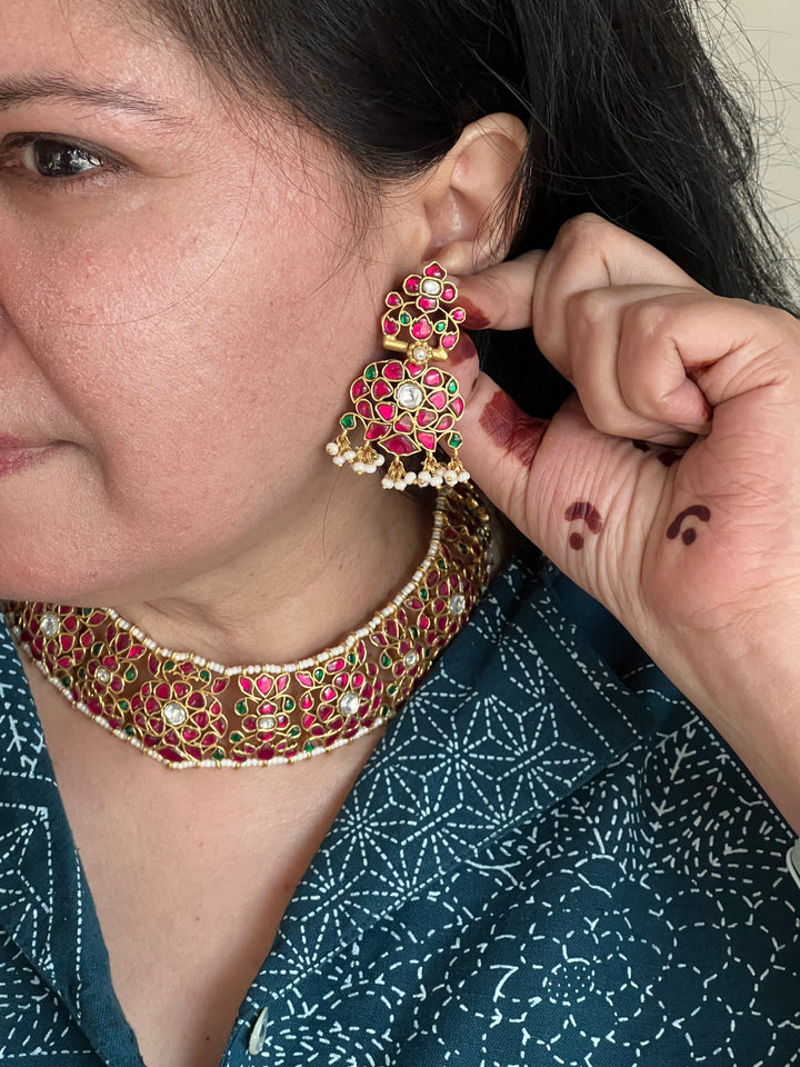 Elegant 925 Silver Jadau Kundan Necklace Set