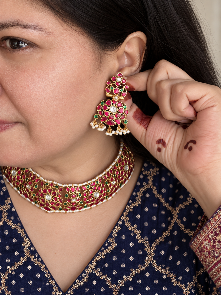 Fuchsia Pink 925 Silver Jadau Kundan Floral Necklace Set