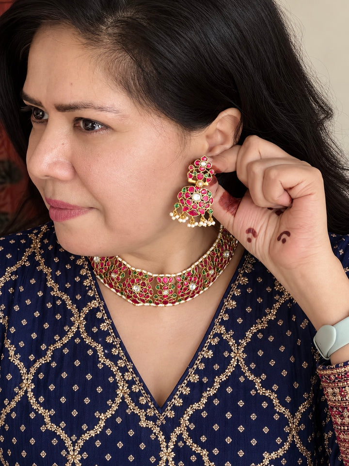 Fuchsia Pink 925 Silver Jadau Kundan Floral Necklace Set