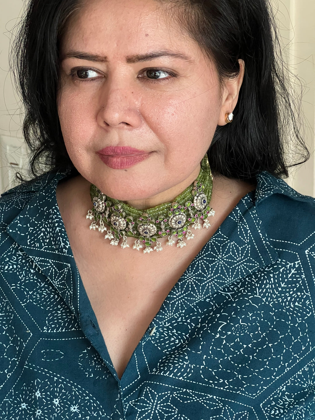 Elegant 925 Silver Peridot Kundan Choker Necklace Set with Beautiful Embellishments