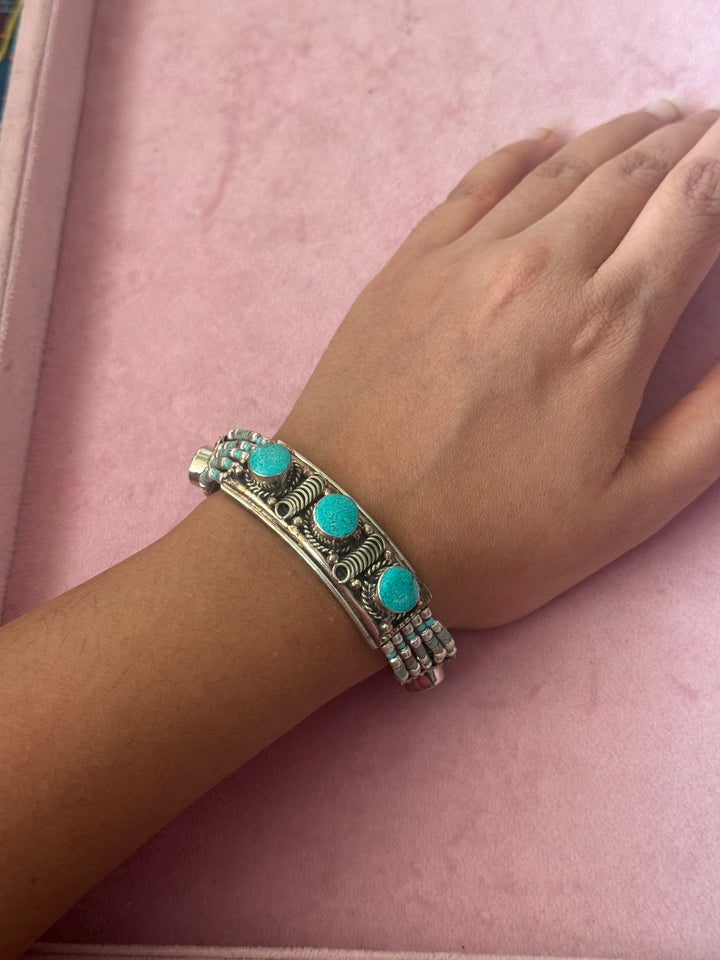 Handcrafted Turquoise German Silver Bracelet, Indian Jewelry