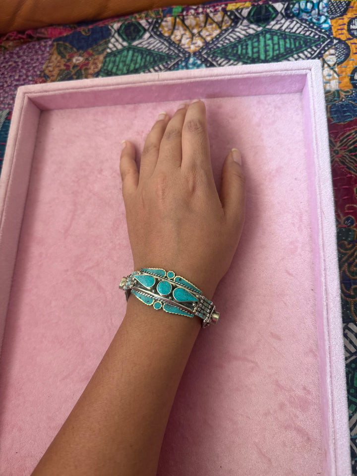 Handcrafted Turquoise German Silver Bracelet, Indian Jewelry