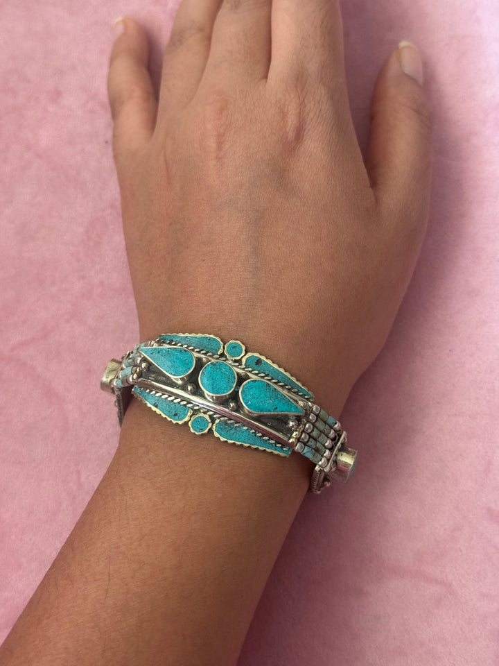 Handcrafted Turquoise German Silver Bracelet, Indian Jewelry