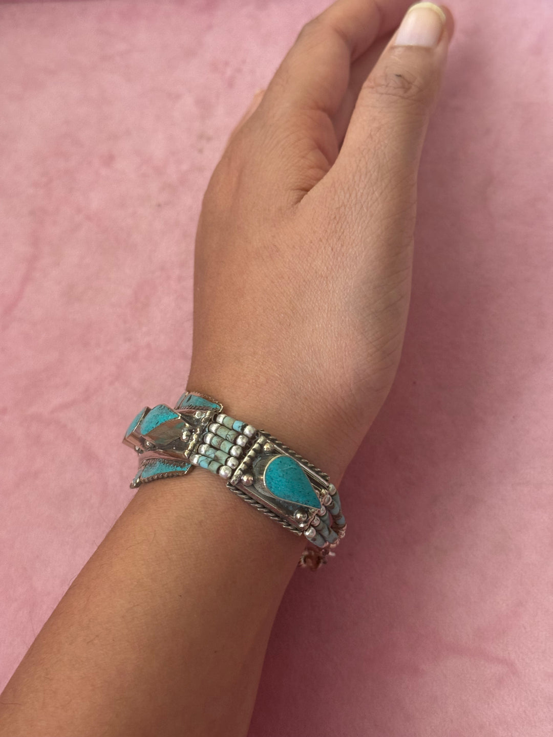 Handcrafted Turquoise German Silver Bracelet, Indian Jewelry