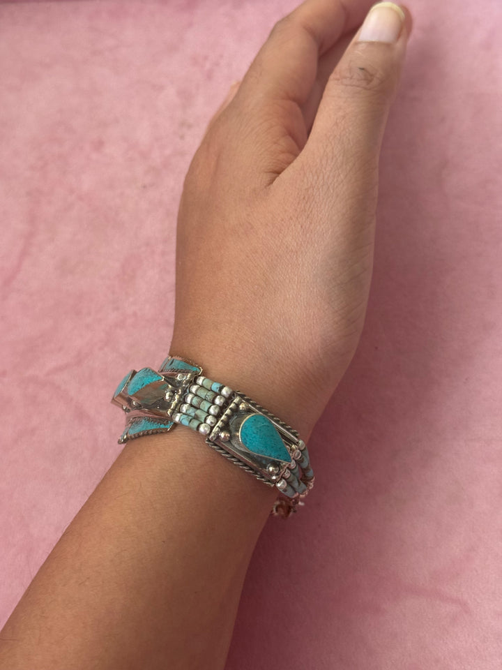 Handcrafted Turquoise German Silver Bracelet, Indian Jewelry