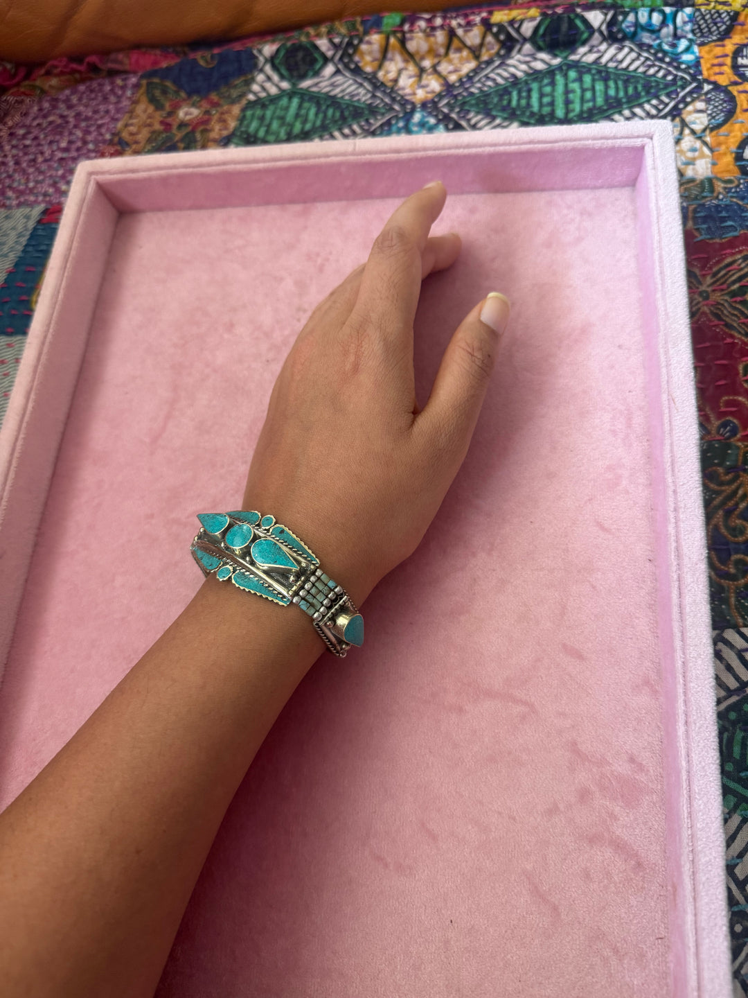 Handcrafted Turquoise German Silver Bracelet, Indian Jewelry