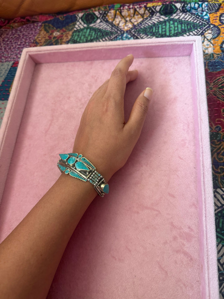 Handcrafted Turquoise German Silver Bracelet, Indian Jewelry