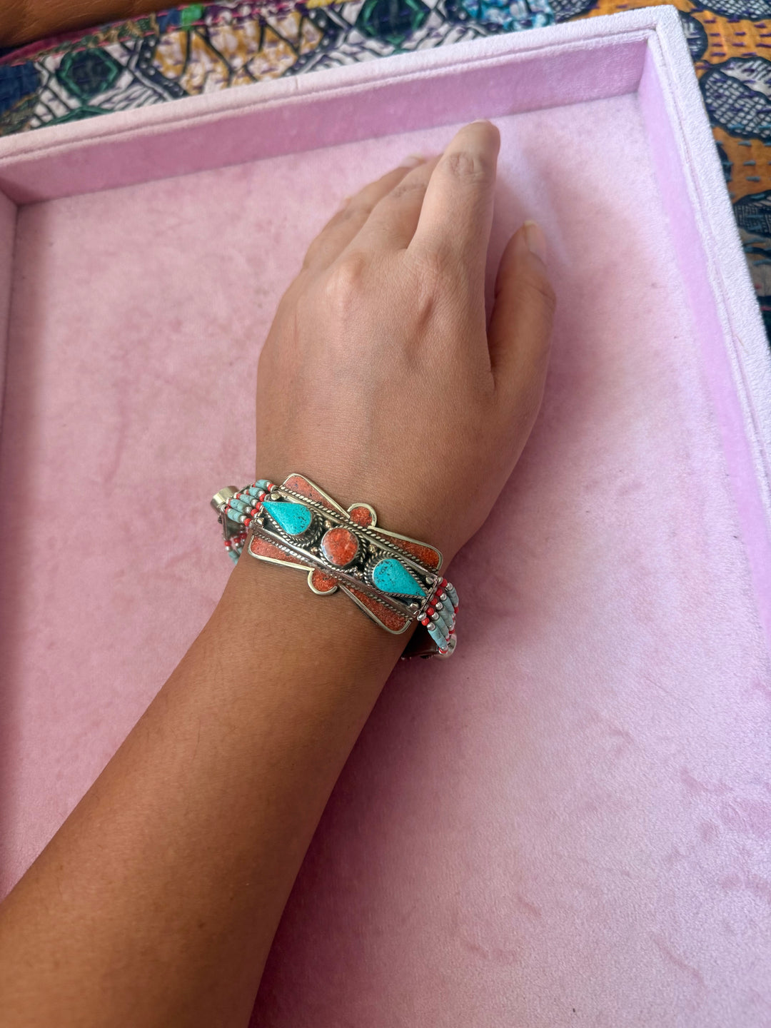 Handcrafted Turquoise and Coral German Silver Bracelet, Indian Jewelry
