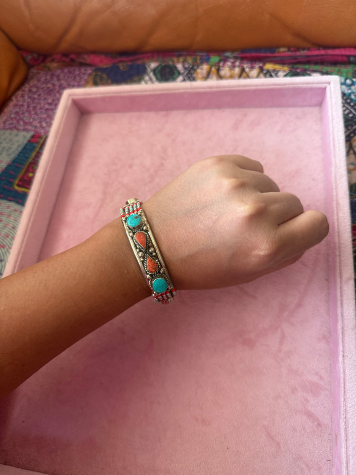 Handcrafted Turquoise and Coral German Silver Bracelet, Indian Jewelry