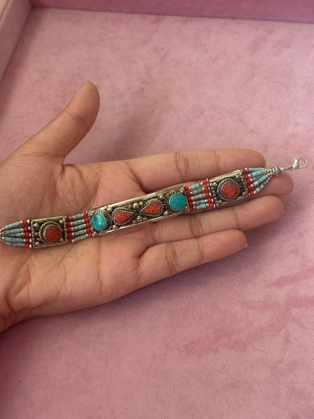 Handcrafted Turquoise and Coral German Silver Bracelet, Indian Jewelry