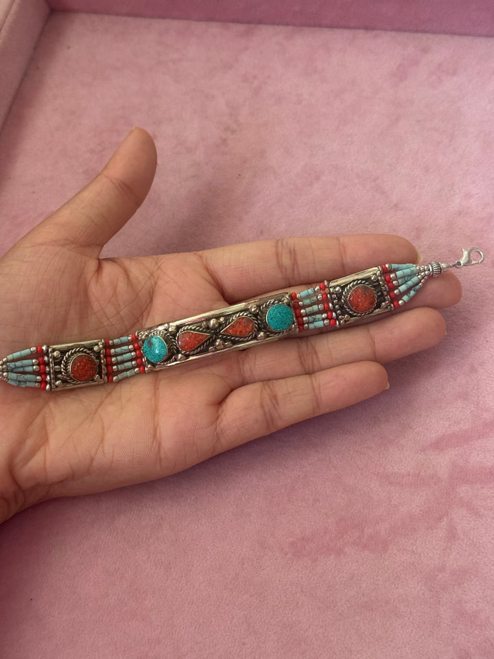 Handcrafted Turquoise and Coral German Silver Bracelet, Indian Jewelry