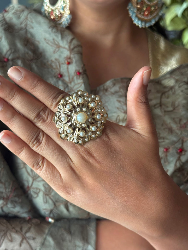 Statement Pearl Jadau Ring | 18k Gold Plated | Copper & Semi-Precious Stones