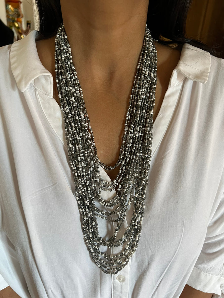 Asymmetric Beaded Necklace with Pearl Studs