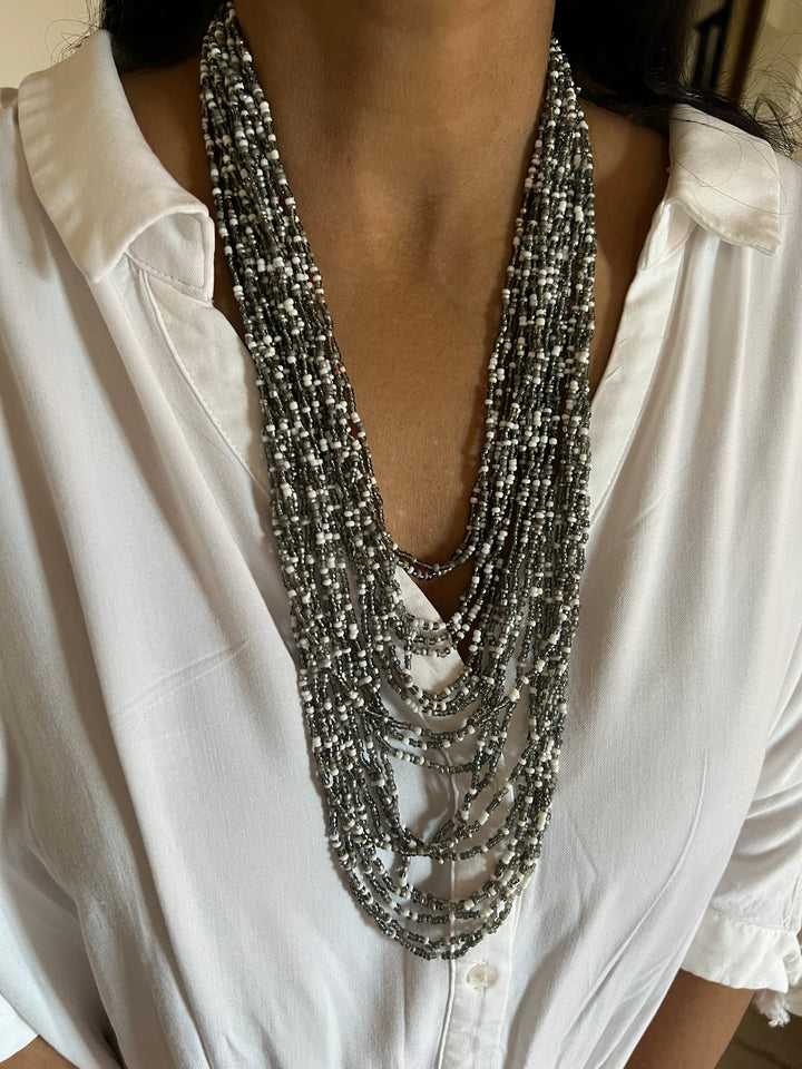 Asymmetric Beaded Necklace with Pearl Studs