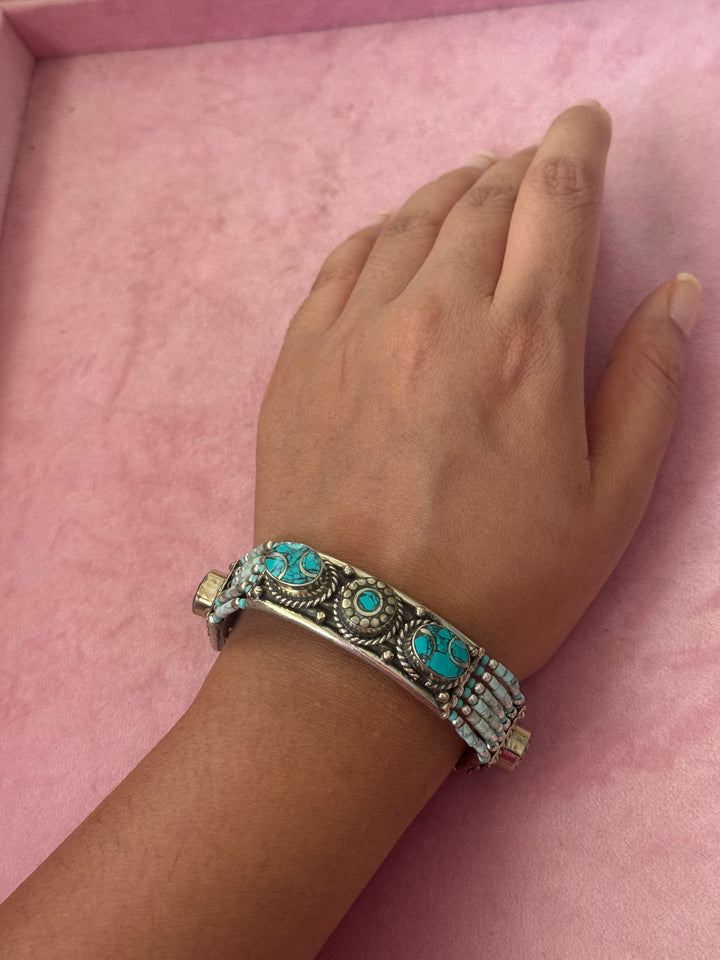 Handcrafted Turquoise German Silver Bracelet, Indian Jewelry