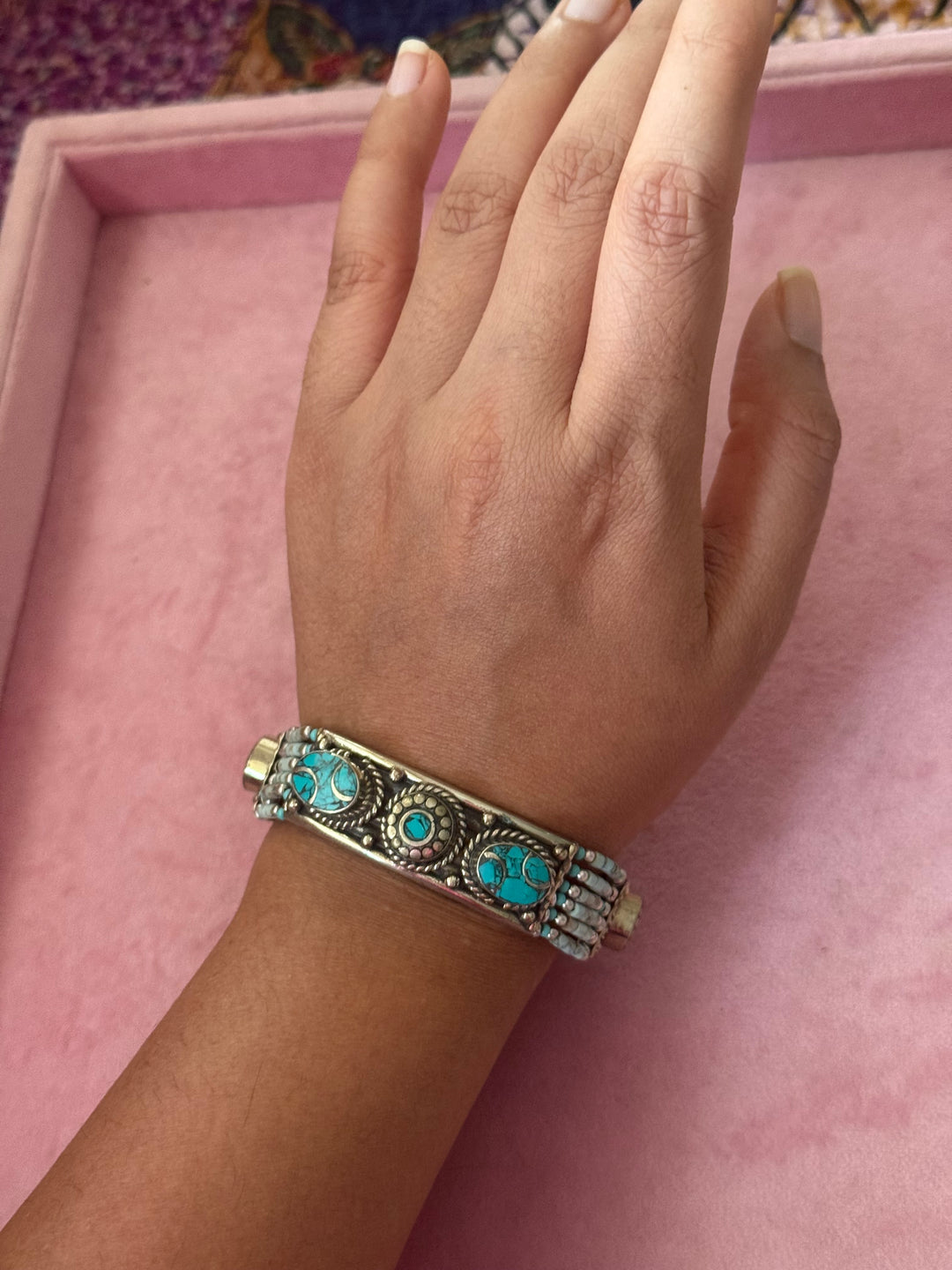 Handcrafted Turquoise German Silver Bracelet, Indian Jewelry