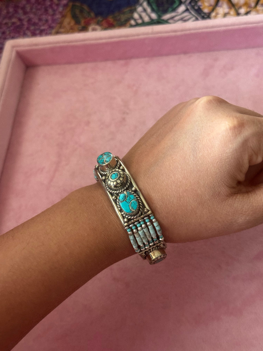 Handcrafted Turquoise German Silver Bracelet, Indian Jewelry