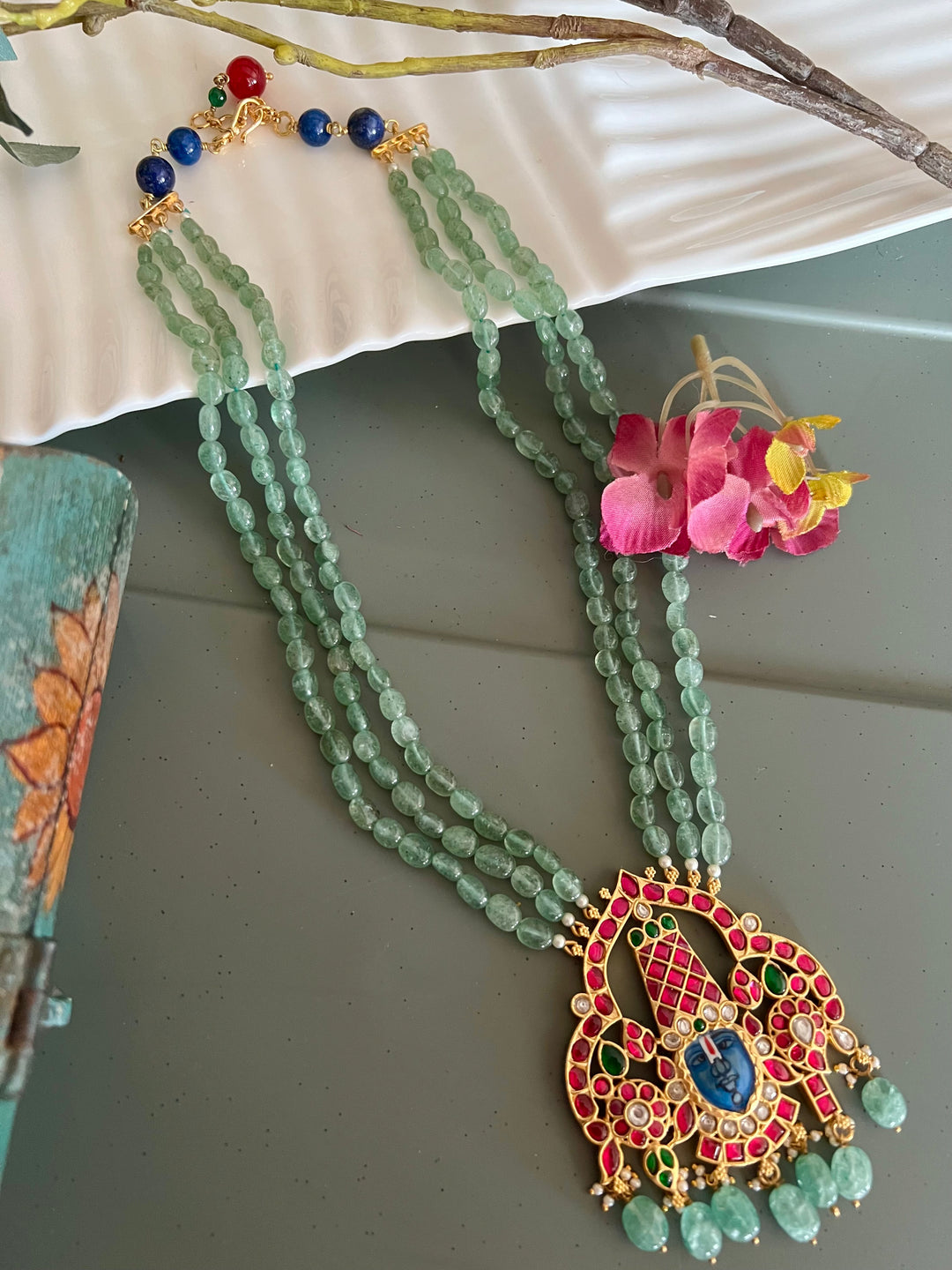 Exquisite Lord Srinath Ji Pendant Kempu Necklace - Elevate Your Elegance