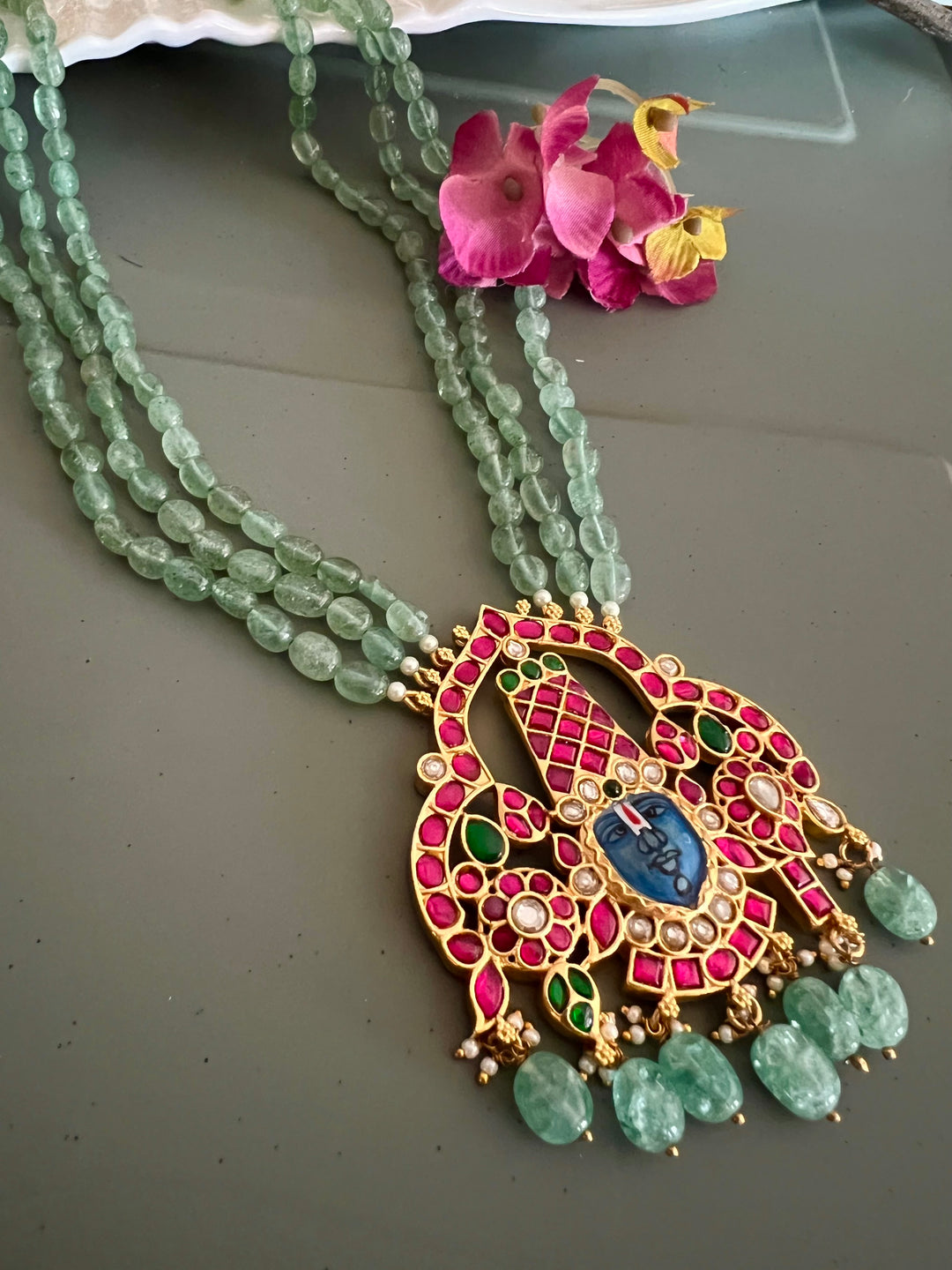 Exquisite Lord Srinath Ji Pendant Kempu Necklace - Elevate Your Elegance
