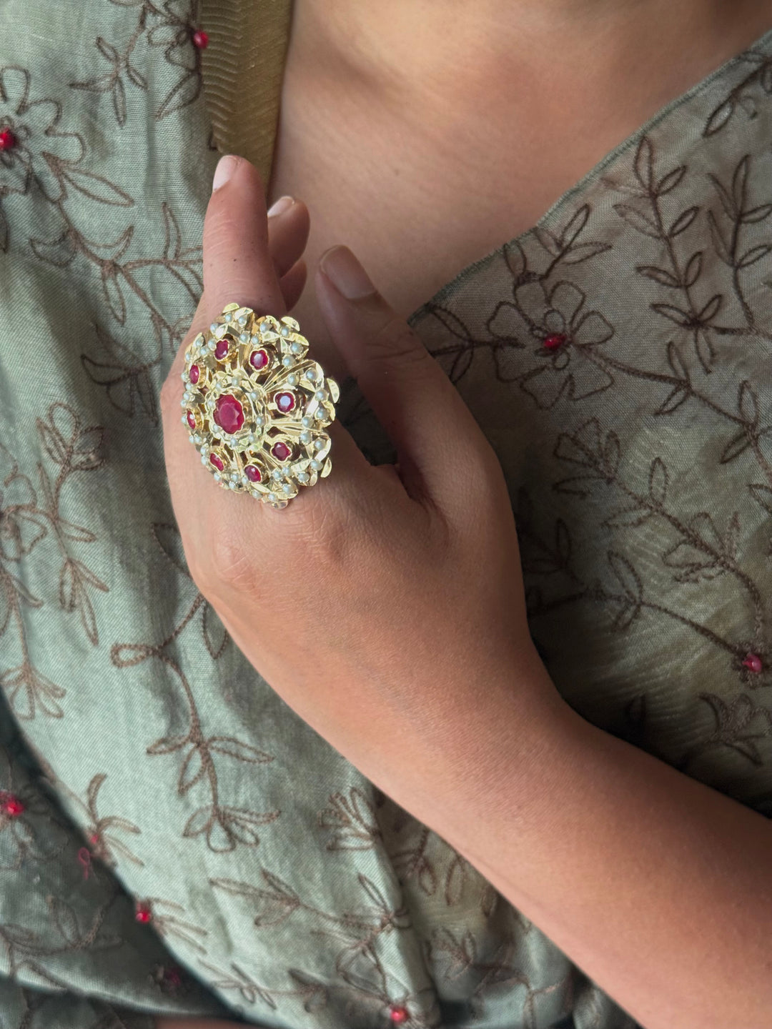 Statement Pearl and Ruby Jadau Ring | 18k Gold Plated | Copper & Semi-Precious Stones