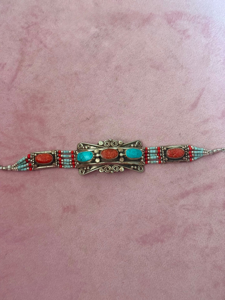 Handcrafted Turquoise and Coral German Silver Bracelet, Indian Jewelry