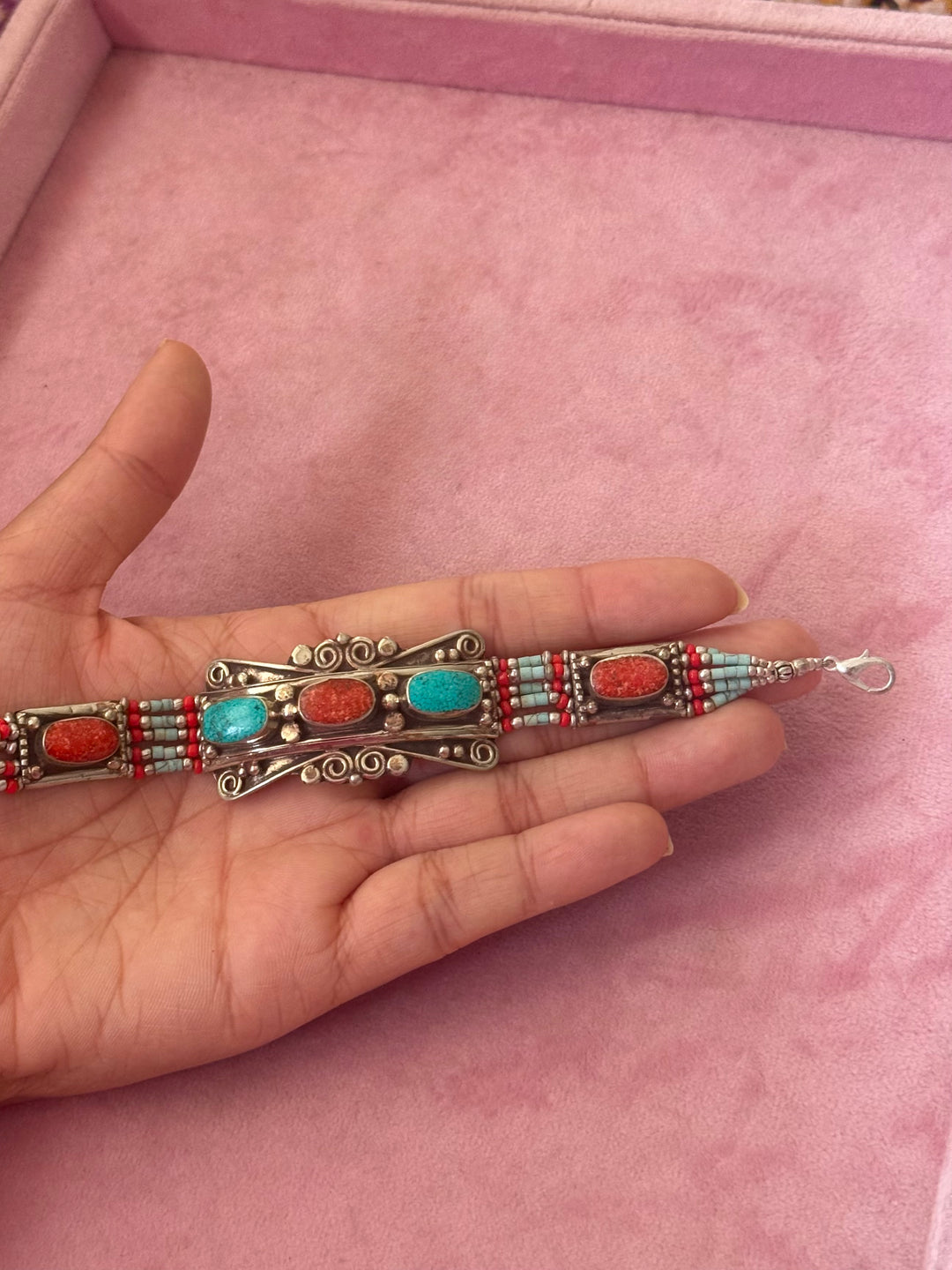 Handcrafted Turquoise and Coral German Silver Bracelet, Indian Jewelry