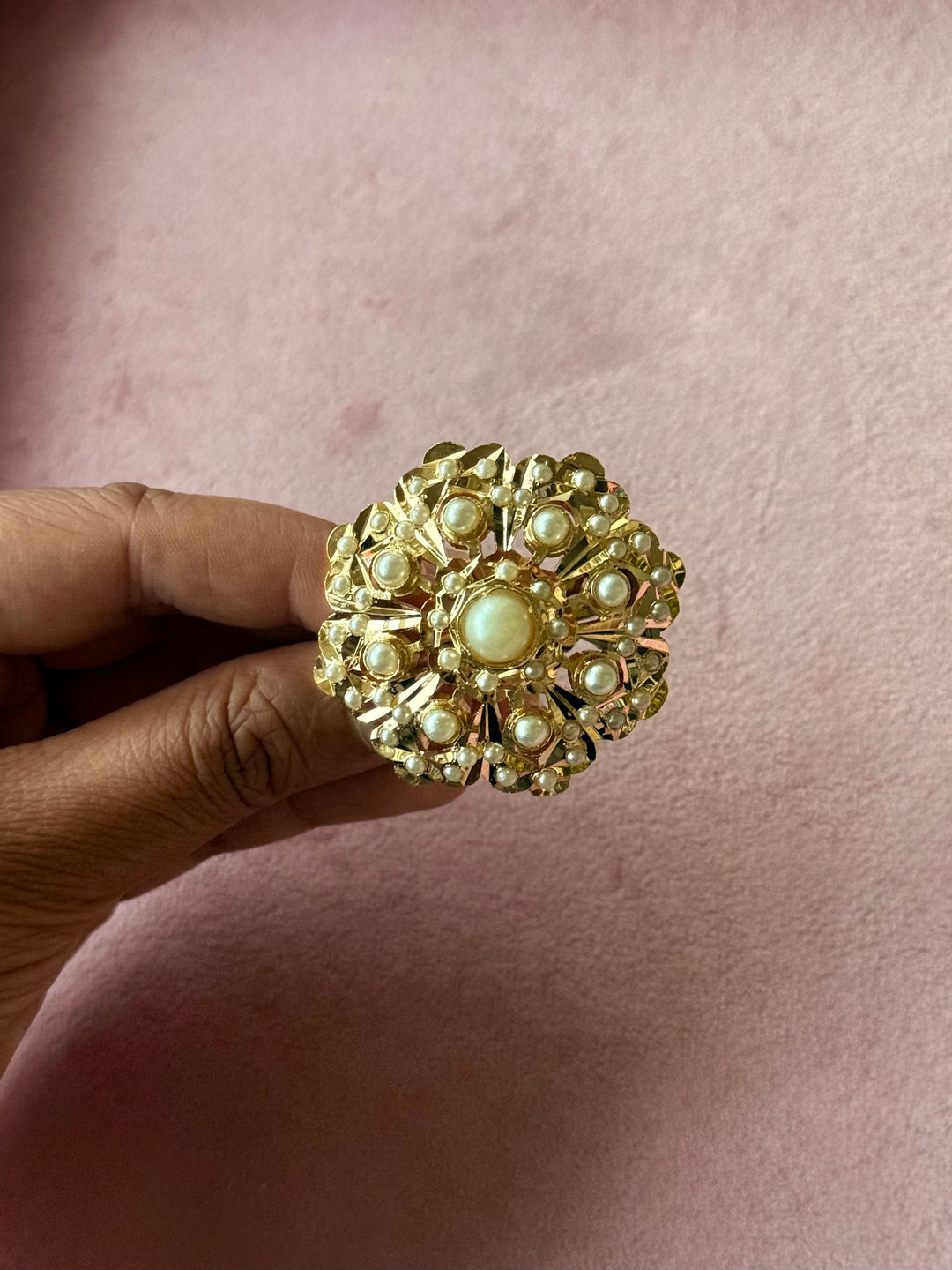 Statement Pearl Jadau Ring | 18k Gold Plated | Copper & Semi-Precious Stones