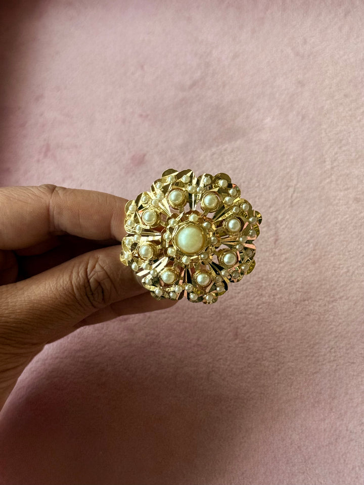 Statement Pearl Jadau Ring | 18k Gold Plated | Copper & Semi-Precious Stones